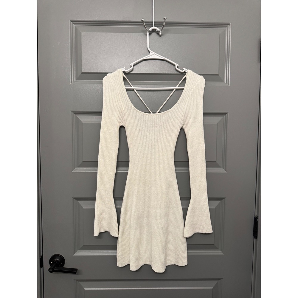 Princess Polly Cream Ribbed Knit Mini Dress Long Flare Sleeve Lace Up US 4